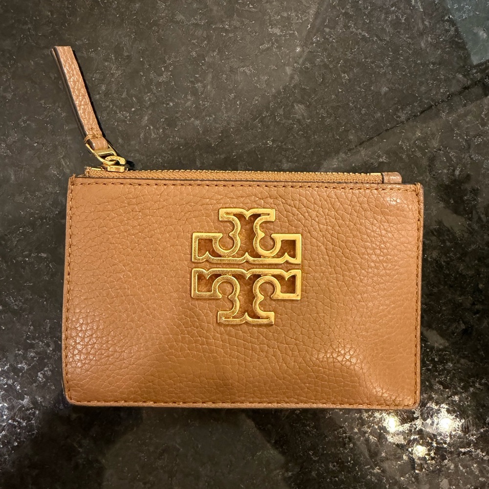 Tory Burch Brown Leather Zip Card Holder with Gold Logo
